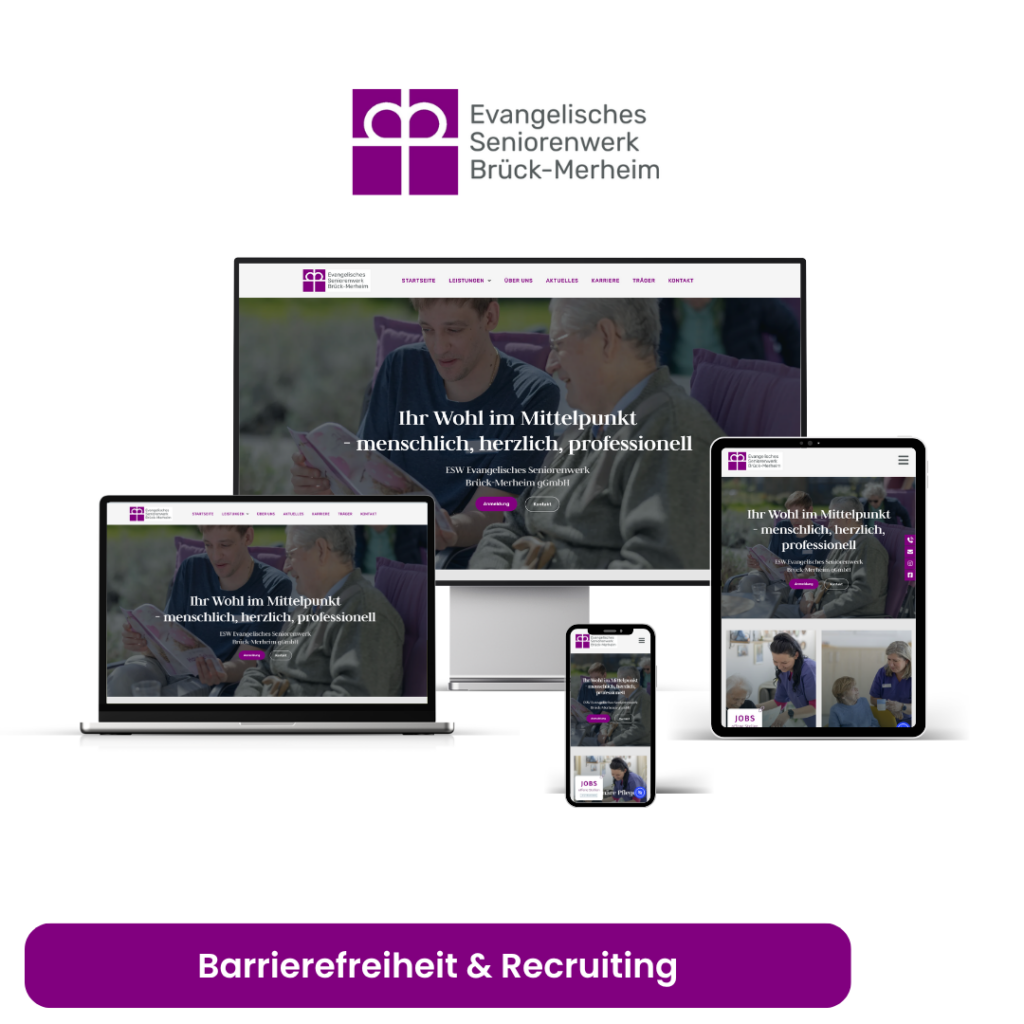 Mockup, das die Website des Evangelischen Seniorenwerks Brück-Merheim auf verschiedenen Geräten zeigt, mit violettem Branding, Logo und dem Text „Barrierefreiheit & Recruiting“ am unteren Rand.